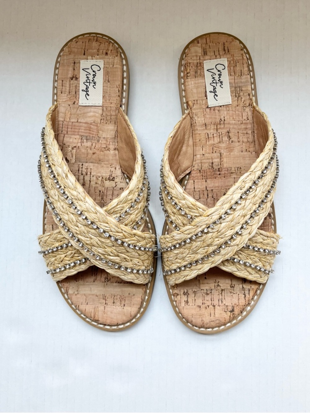 Crown Vintage Albari Slip On Braided Rope Sandals. Rhinestone Accent. Sz 7.5